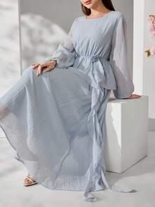 Solavon 女士优雅通勤纯色3D立体花卉缎带装饰灯笼袖上衣和半裙两件套 - 淺藍色 - 查看 9