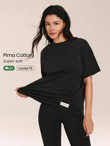 GLOWMODE Pima Cotton Ultra-Soft Breathable Lightweight Stretchy Relaxed Fit Acid Wash Crewneck Tee Daily Casual Street Wear - Black - View 1
