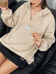 INAWLY Sudadera con capucha de ajuste holgado con cordón y gráfico de letras para mujer - Caqui - Ver 1