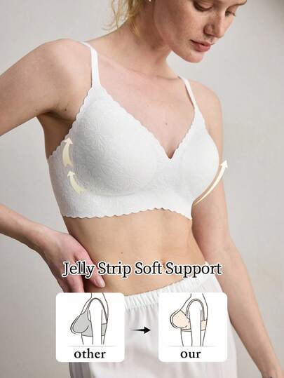 Ocili 1pc Women's Seamless Wireless Bra With Lace Trim, Supportive Soft Cup, Adjustable Shoulder Strap, Daily Comfort