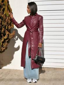 Yess Loren 女士纯色立领长袖长款 PU 皮休闲夹克，秋冬复古酒红色冬季女装女士夹克感恩节女装冬季女外套冬季服装圣诞女装圣诞服装红色夹克 - 酒紅色 - 查看 6