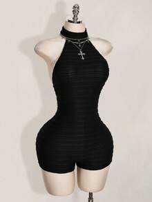 SHEIN ICON 2026 New Arrive Women's Black Halter Backless Bodycon Turtleneck Jumpsuit, Casual Basics,Spring&Summer - Black - View 7