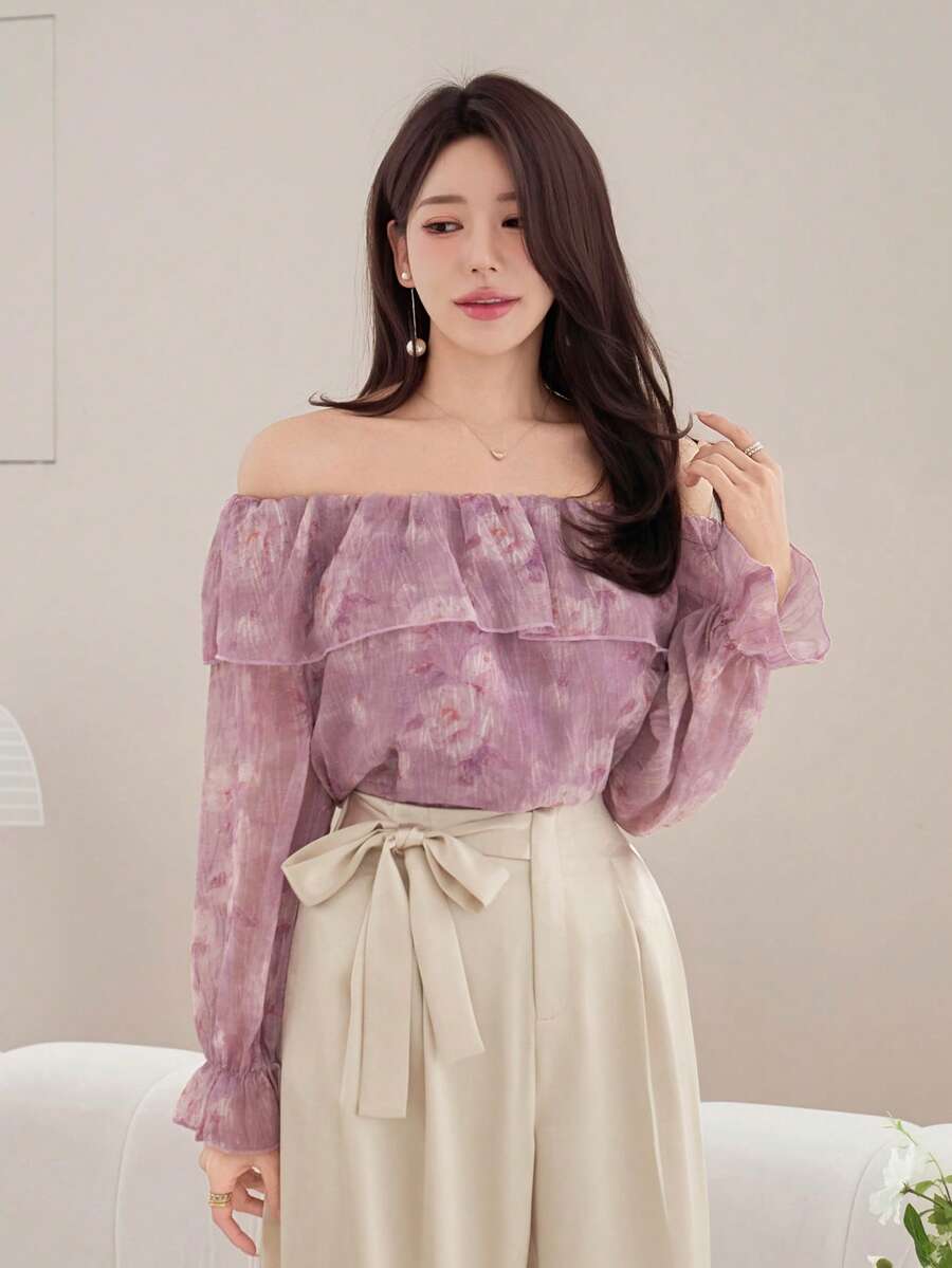 DAZY Women's Elegant Floral Off-Shoulder Ruffle Hem Blouse, Spring/Summer - Purple - View 1