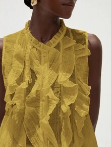 Aveloria Modichic Elegant Romantic Versatile French Style Sleeveless Shirt For Women, White Textured Crinkle Sheer Multi-Layer Ruffle Collar Design - Mustard Yellow - View 3