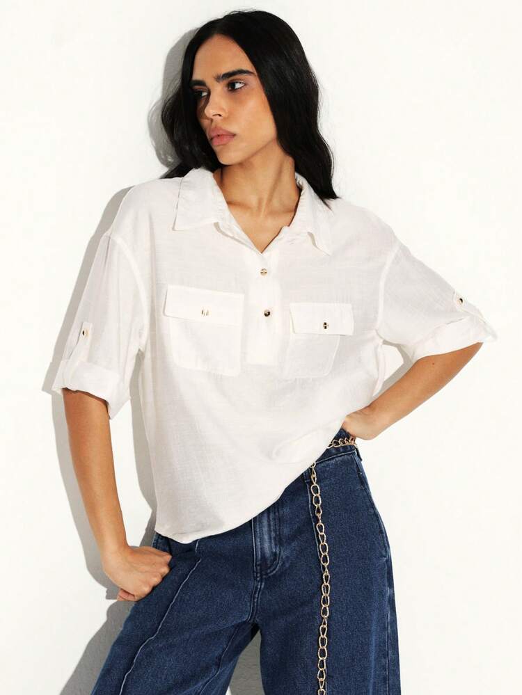 KSTM Blusa blanca con botones y bolsillos en el pecho, con mangas enrollables para uso casual en la oficina y estilos de fin de semana
