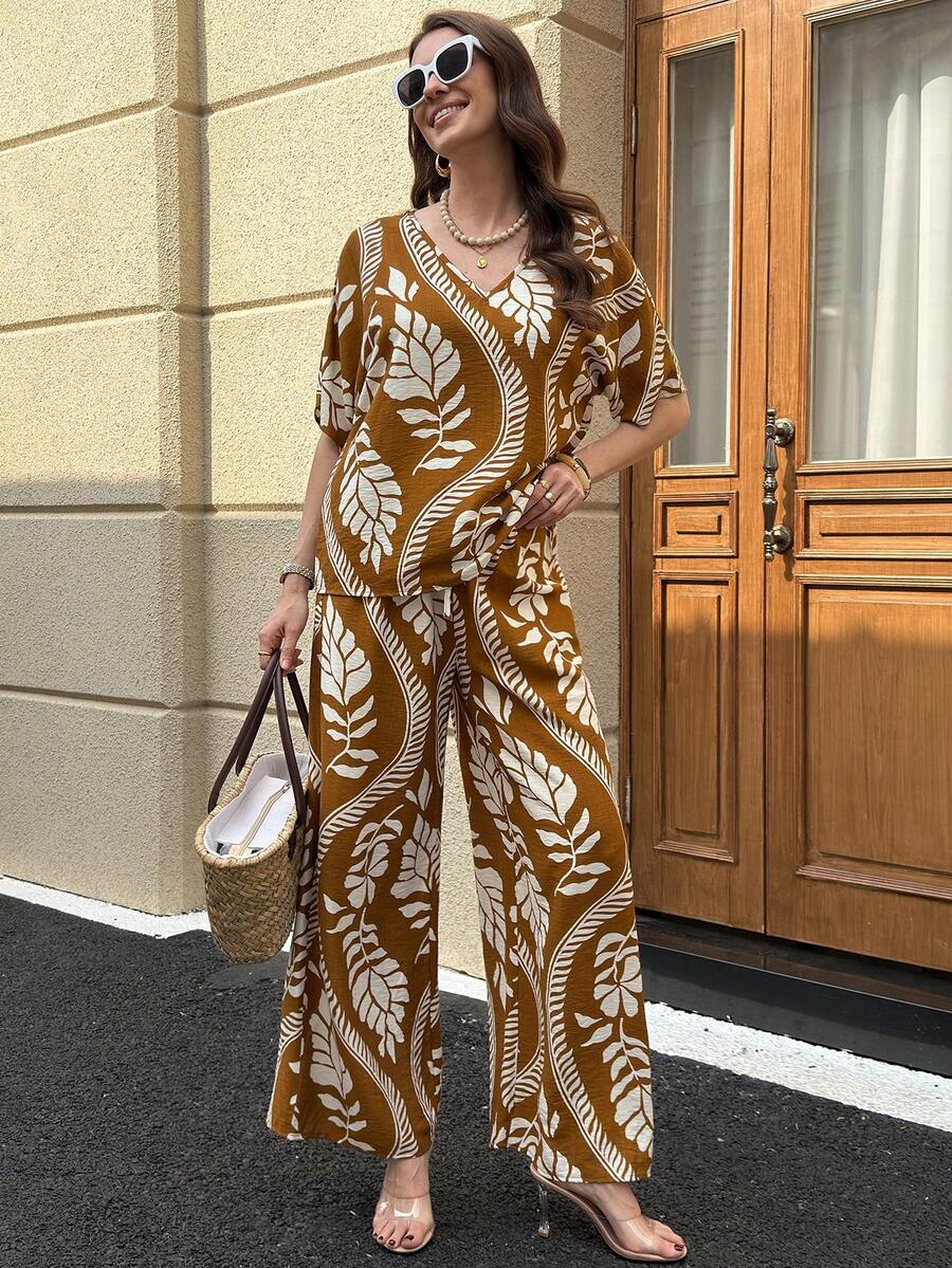 Solivie Women's Elegant V-Neck Blouse & Wide Leg Pants Leaf Print 2 Pieces Set - Brown - View 1