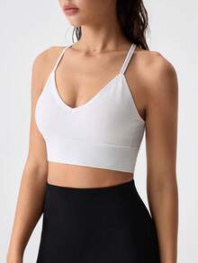 Loungeista 1-Piece Women's Seamless Knit Ribbed Sexy Bra, Wireless Cross Strap Backless Sports Brafor Summerfor Summer - White - View 8