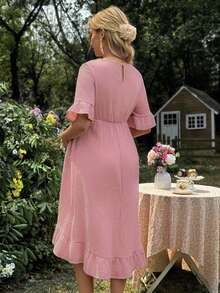 SHEIN 哺乳连衣裙，荷叶边袖，圆领，正面蘑菇形纽扣，侧边拉链，A字裙摆带荷叶边装饰 - 藕粉色 - 查看 2