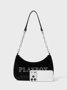 Missguided x Playboy Bolso de hombro con cadena y logo de rhinestone para mujer - Negro - Ver 4