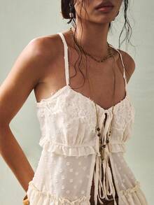 SoleilVie Women's Lace Trim Jacquard Fabric Tie Front Elegant Romantic Blouse - Apricot - View 2