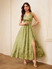 ZEYLAH Women's Floral Print Side Slit Hem Dress, Vacation Style - Green - View 6