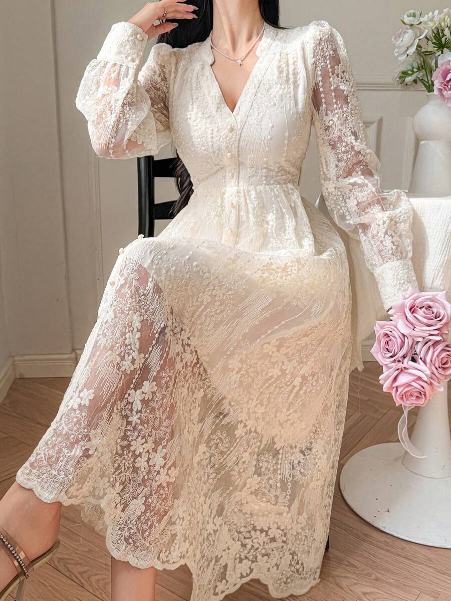 DAZY 女士优雅蕾丝V领花瓣袖中长连衣裙，春夏款 - 米色 - 查看 1