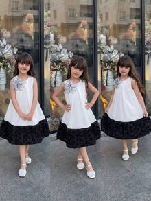 SHEIN Young Girl Woven Colorblock Round Neck Sleeveless 3D Floral Casual Dress - Multicolor - View 3