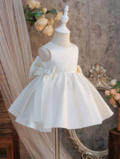 Glamorique Kids Baby Girls' White Satin Sleeveless Dress, High-End Formal Gown For Infant Birthday, Wedding Flower Girl, Stage Performance, Banquet Party