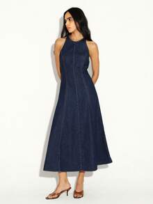 KSTM Women Halter Sleeveless Denim Midi Dress With A Line Flare Fit And Racerback Design For Casual Spring Summer Occasions - Blue - View 5