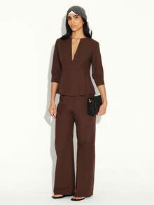 KSTM Áo kiểu peplum cổ chữ V sâu, tay lỡ, eo ôm, thích hợp cho trang phục công sở. - màu nâu - Xem 3