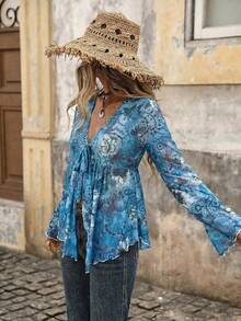 Brillora Paisley Print Mesh Long Sleeve Tie Front Asymmetric Hem Blouse For Women Summer Tops Vacation Boho Casual Elegant Beach Outfit - Teal Blue - View 3