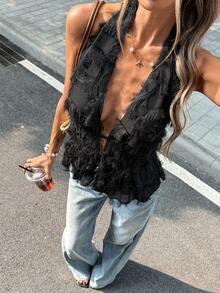 SHEIN PariChic Áo kiểu yếm đen thanh lịch – Áo voan mỏng xếp ly, thắt eo, lưng hở, buộc dây, không tay, thích hợp cho tiệc tối. - màu đen - Xem 3