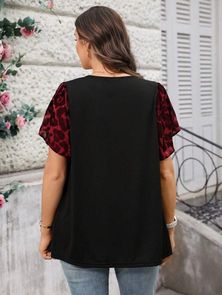 Plus Size Women Leopard Print Tie Front Ruffle Sleeve Dressy Blouse, Summer Tops