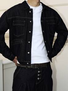 Manfinity Hypemode Men's Dark Washed Blue Denim Long Sleeve Jacket, Casual Loose Fit Spring/Autumn - Dark Wash - View 3