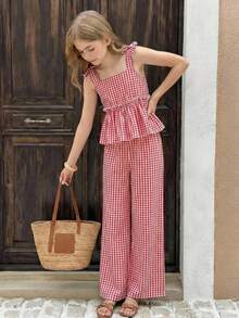SHEIN Tween Girls Summer Cute Striped Camisole And Elastic Waist Pants 2 Pieces Set - Red - View 2