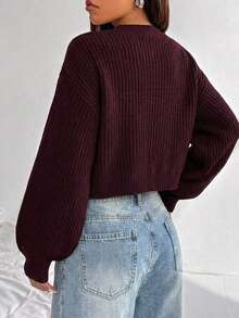 EURMUSE White Lantern Sleeve Button Front Rib Knit Cardigan - Brown - View 2