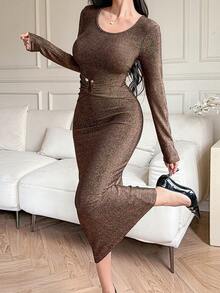 DAZY 女士优雅亮面中长连衣裙，春夏款 - 棕色 - 查看 3