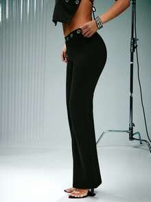 Denimoi O Ring Cut Out Waist Boot Cut Pants Sexy Outfits Sexy Pants GNO Clubwear Concert Outfits - Black - View 3