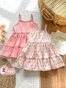 SHEIN Vintaside Kids 2件套女婴荷叶边下摆可爱吊带连衣裙套装 - 彩色 - 查看 7