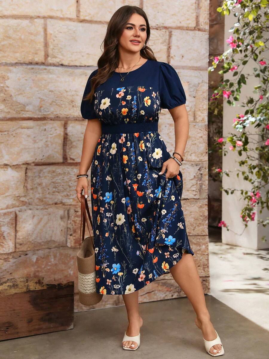 EMERY ROSE 大码女式印花圆领灯笼袖拼接纯色收腰喇叭中长连衣裙，法式优雅度假休闲浪漫百搭复古春夏秋季新款 - 彩色 - 查看 1