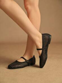 Rosivie Zapatos planos de material trenzado de PU, zapatos elegantes de estilo de oficina para ir y venir - Negro - Ver 5