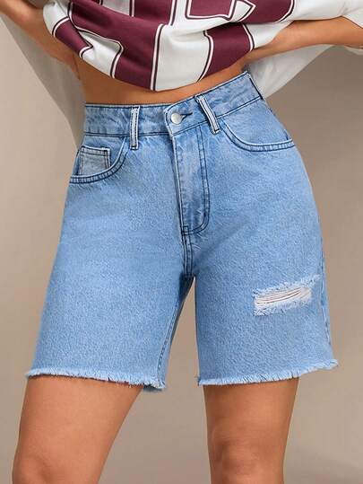 SHEIN Women Washed Detail High-Rise Mid Lenght Denim Shorts