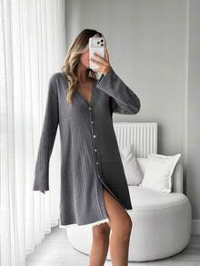 SHEIN Women Cotton Rib Knit With Cıntrasy Colourlace Detail Button Front Detail Long Sleeve Long Comfort Homewear Lounge Robe - Grey - View 5