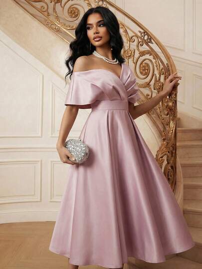 Anewsta Women's Solid Color Asymmetric Neckline Ruched Elegant Dress