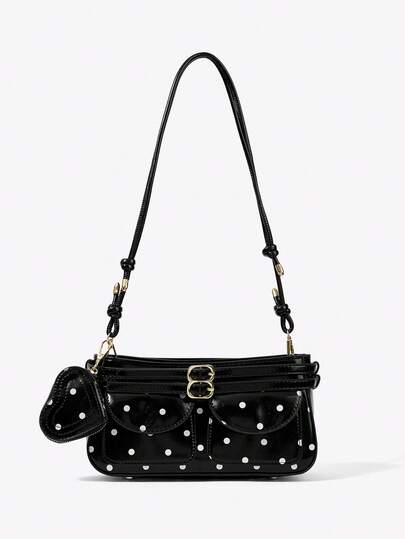 Viva Strut Ladies, Women Black And White Polka Dots Shoulder Bag, Hobo Bag, Fashionable, Personalized, Simple, Versatile, Street, Sweet And Cool Girls, Hot Girls,Y2k, Retro, Rivets, Vintage, Teenagers, For Shopping, Daily, Date