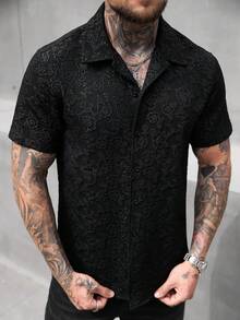 SLATEMANN 男士提花单排扣休闲短袖衬衫 - 黑色 - 查看 4