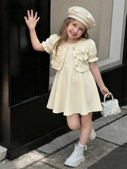 Souflis Souflis Young Girls Apricot Puff Sleeve Short Jacket With 3D Apricot Floral Decor And Faux Pearl Buttons, Paired With Sleeveless Dress With Hidden Back Zipper, Fashionable, Elegant, Ladylike And Cute, Suitable For Daily, Commute, Gathering And Party Wear