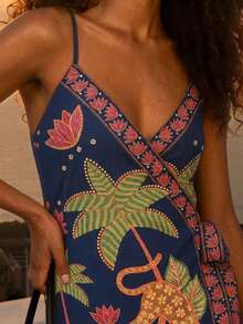 CAJUNI Vestido de tirantes con estampado de palmeras sexy y nudo en la cintura para vacaciones de mujer - Multicolor - Ver 5