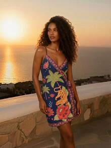 CAJUNI Vestido de tirantes con estampado de palmeras sexy y nudo en la cintura para vacaciones de mujer - Multicolor - Ver 6