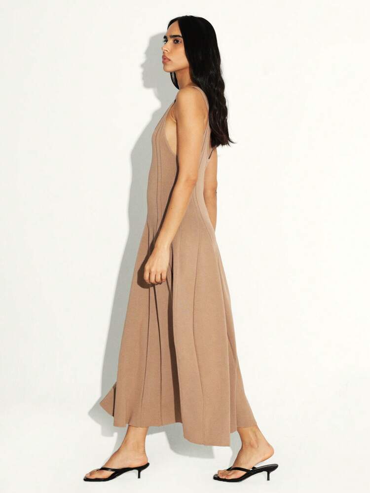 KSTM Women's Knit Ribbed V-Neck Sleeveless Maxi Dress With Godet Pleats And Tank Style Silhouette For Casual And Elegant Occasions
