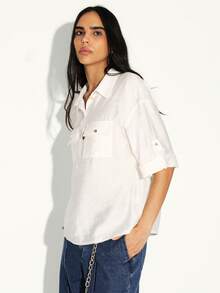 KSTM White Button Up Blouse With Chest Pockets And Roll Up Sleeves For Casual Office Wear And Weekend Styling - White - View 4