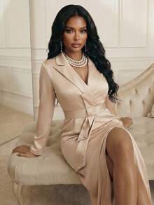 Playroots 女士纯色缺角领开衩设计优雅收腰连衣裙，适合通勤和外出穿着。 - 杏色 - 查看 5