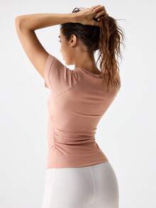 Loungeista 1件女款百褶式胸衣上衣，竹纖維短袖修身塑身T恤，顯瘦、透氣且舒適，適合夏季 - 藕粉色 - 查看 2