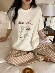 DAZY Conjunto de pijama de camiseta de manga corta con cuello redondo y estampado de letras y perro de dibujos animados, y pantalones a cuadros para adolescentes en verano - Albaricoque - Ver 4