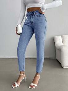 EURMUSE 100%Cotton High Waist Pearl Decor Mom Fit Jeans - Baby Blue - View 3