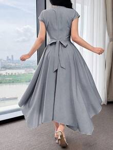 Feyla Women's Rhinestone Decor Asymmetric Hem Elegant Dress - Blue - View 4