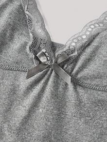 Hourtrue 2pcs Lace Patchwork Bow Decor Romantic Side Slit Cami Nightgown - Multicolor - View 7