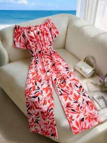 Lyxana Salopetă elegantă și casual pentru femei, cu imprimeu colorat, frunze, cu umeri goi, talie strânsă, croială largă, primăvară/vară - roșu - Vizualizare 3