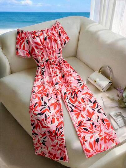 GlowEve Women's Elegant Casual Colorful Leaf Print Off-Shoulder Cinched Waist Wide Leg Jumpsuit, Spring/Summer