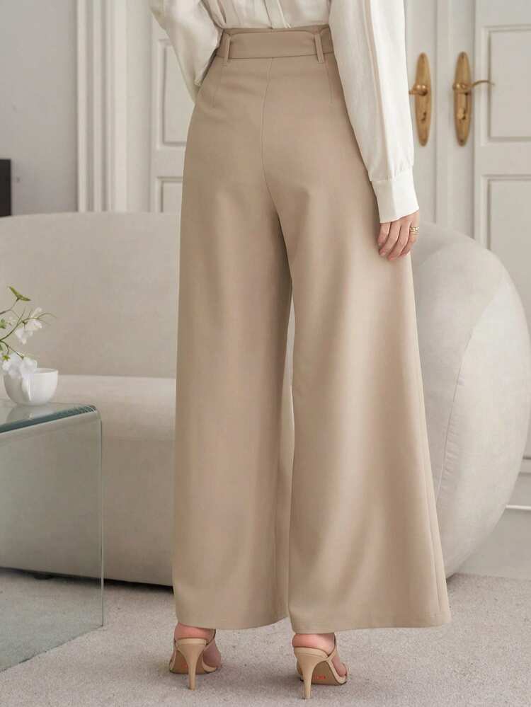 Women's Casual Solid Color Belted Wide Leg Pants, Spring/Summer